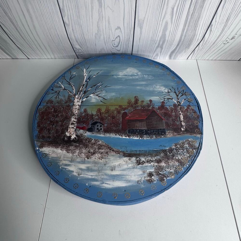 Vintage Hand Painted Winter Scene Rural Art FarmRustic Primitive Blue
